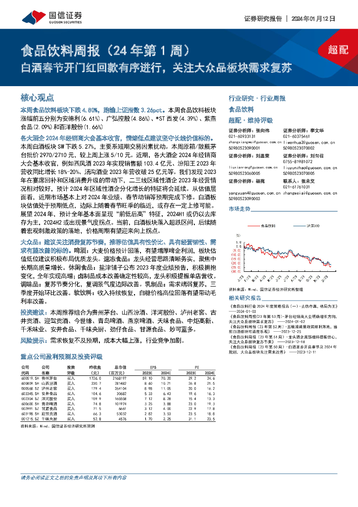 国信证券：食品饮料周报（24年第1周）：白酒春节开门红回款有序进行，关注大众品板块需求复苏