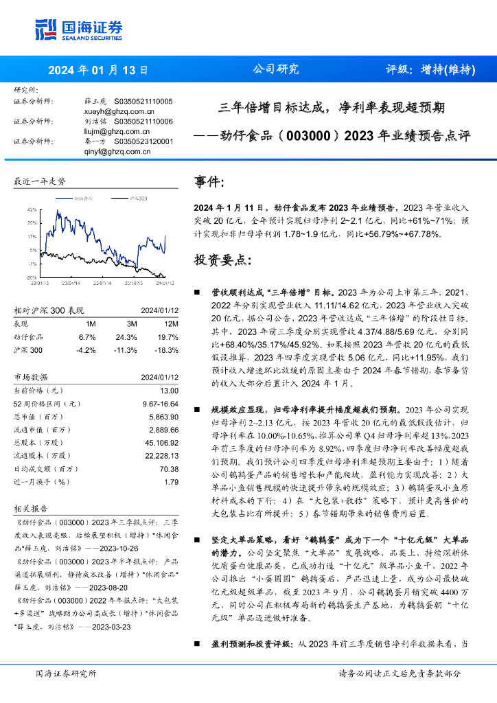 国海证券：劲仔食品（003000）-2023年业绩预告点评：三年倍增目标达成，净利率表现超预期