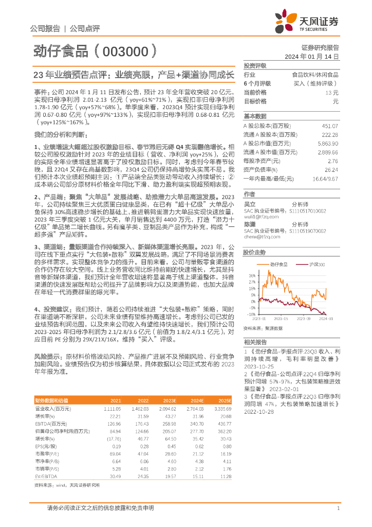 天风证券：劲仔食品（003000）-23年业绩预告点评：业绩亮眼，产品+渠道协同成长