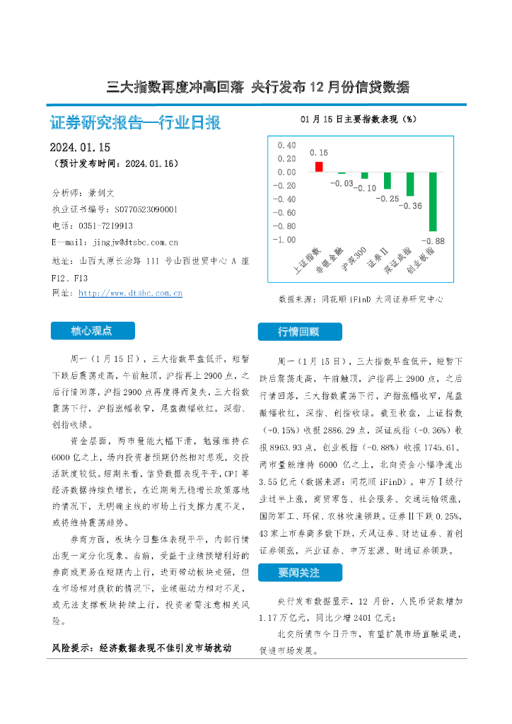 大同证券：非银金融行业日报：三大指数再度冲高回落 央行发布12月份信贷数据