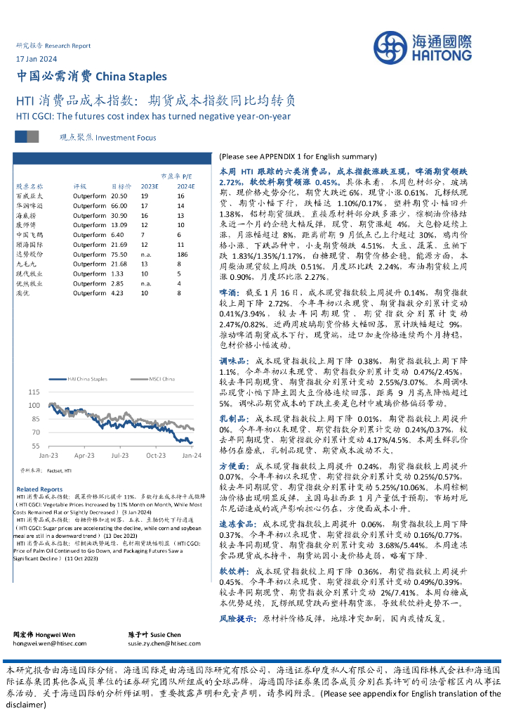 海通国际：中国必需消费：HTI消费品成本指数：期货成本指数同比均转负