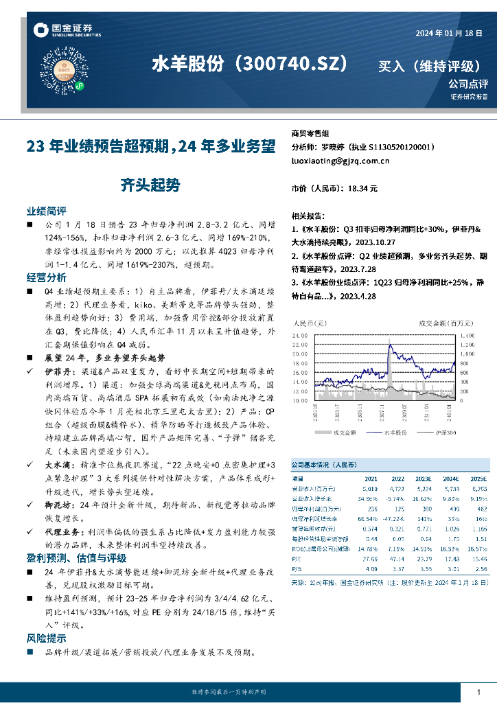 国金证券：水羊股份（300740）-23年业绩预告超预期，24年多业务望齐头起势