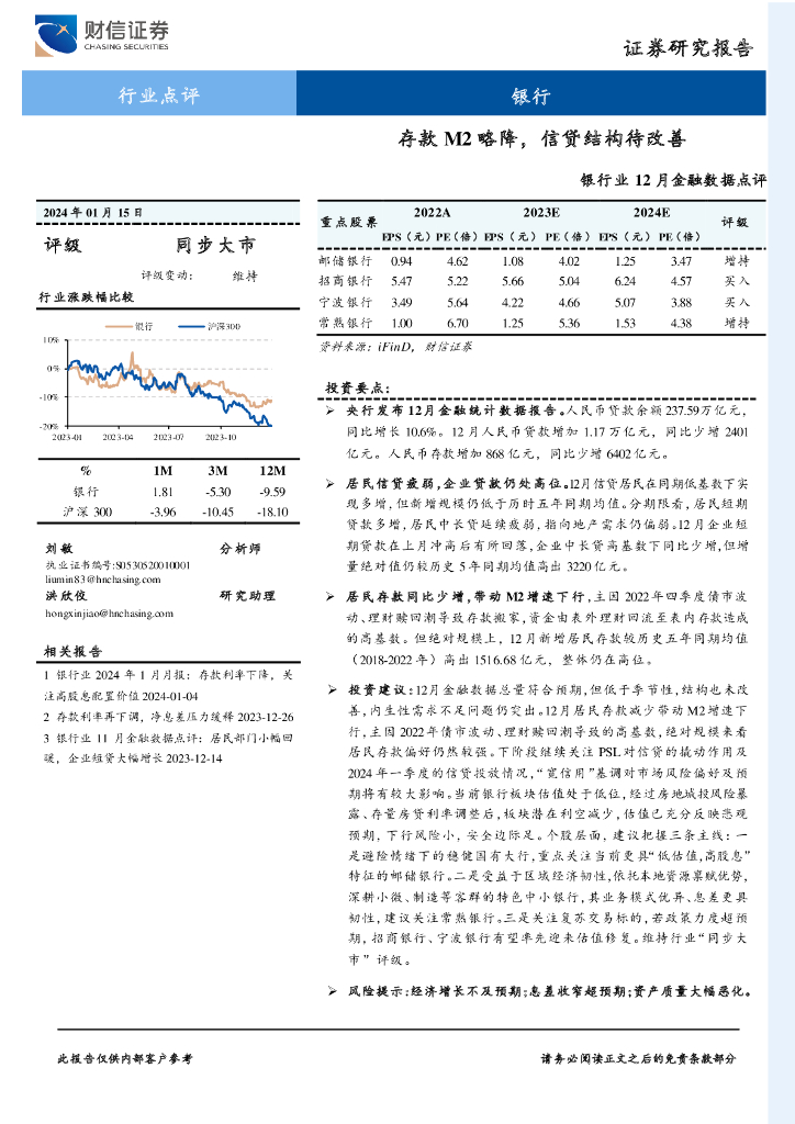 财信证券：银行业12月金融数据点评：存款M2略降，信贷结构待改善