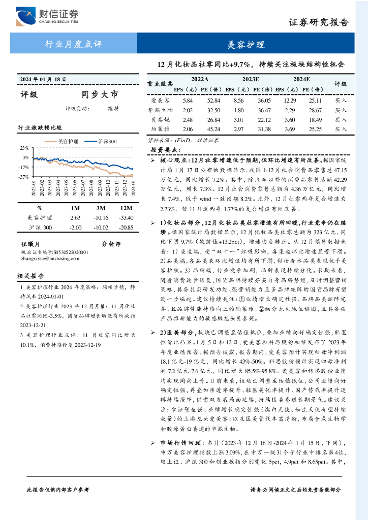 财信证券：美容护理行业月度点评：12月化妆品社零同比+9.7%，持续关注板块结构性机会