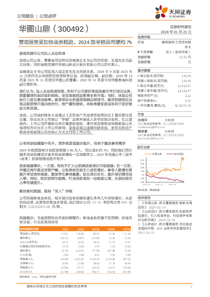 天风证券：华图山鼎（300492）-管理层变更加快业务推进，2024 国考招录同增约 7%