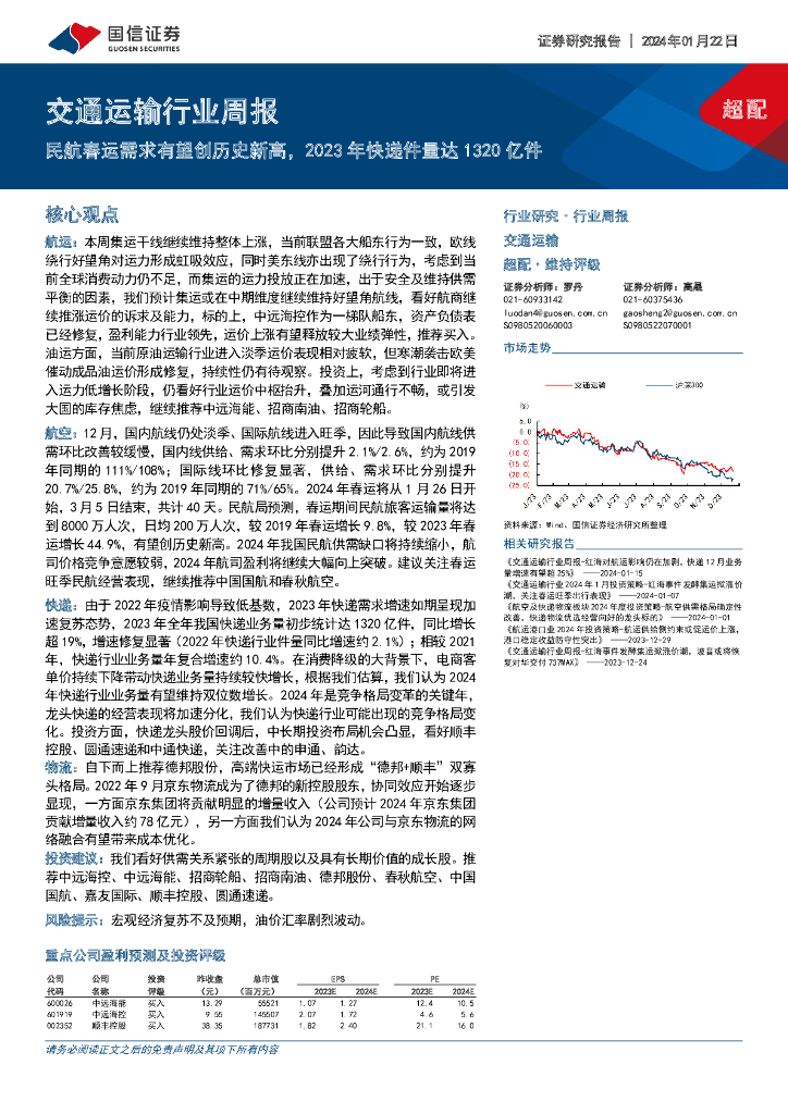 国信证券：交通运输行业周报：民航春运需求有望创历史新高，2023年<em>快递</em>件量达1320亿件