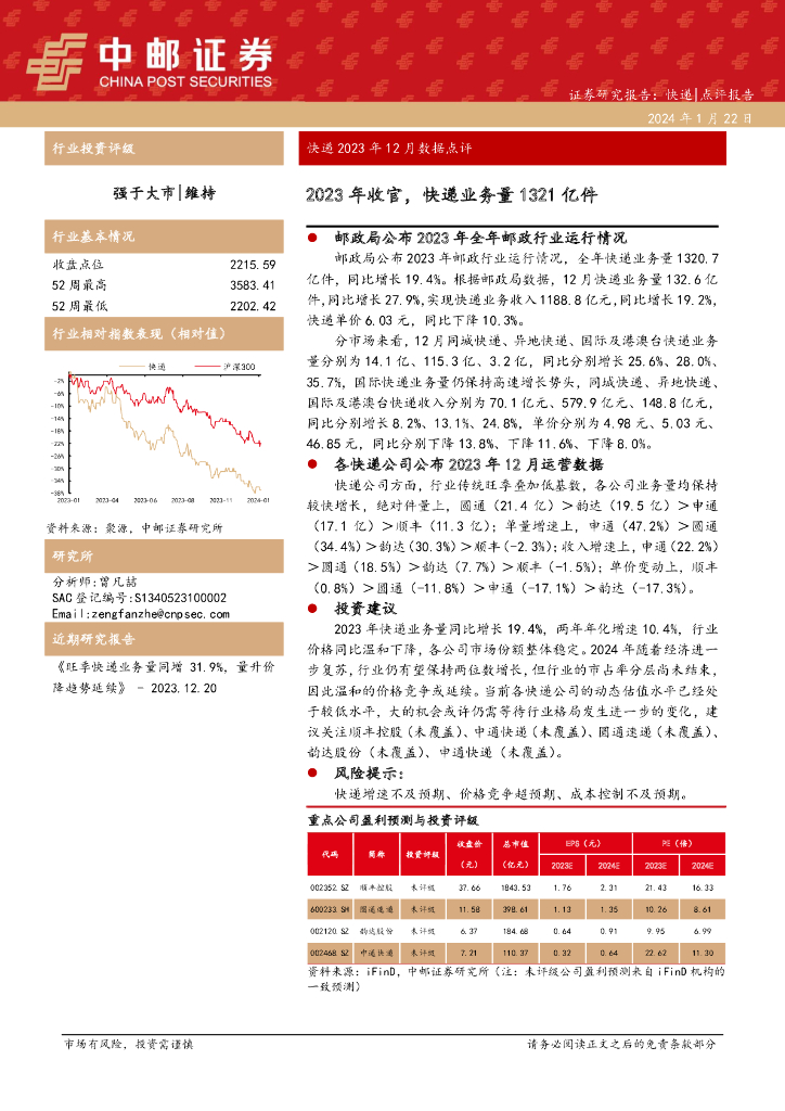 中邮证券：<em>快递</em>2023年12月数据点评：2023年收官，<em>快递</em>业务量1321亿件