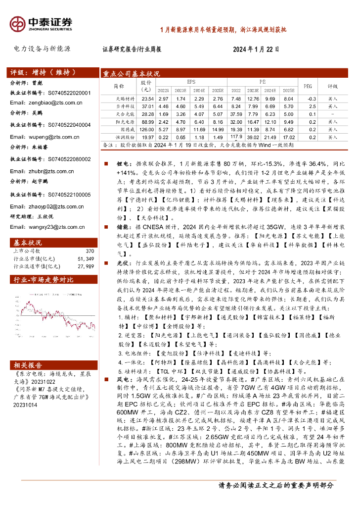 中泰证券：电力设备与新<em>能源</em>行业周报：1月新<em>能源</em>乘用车销量超预期，浙江海风规划获批 海报
