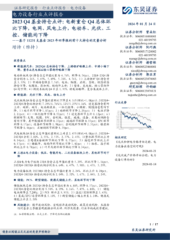 东吴证券：电力设备行业点评报告：基于11231支基金2023年四季报的前十大持仓的定量分析：2023Q4基金持仓点评：电新重仓Q4总体环比下降，电网、风电上升，电动车、光伏、工控、储能均下降