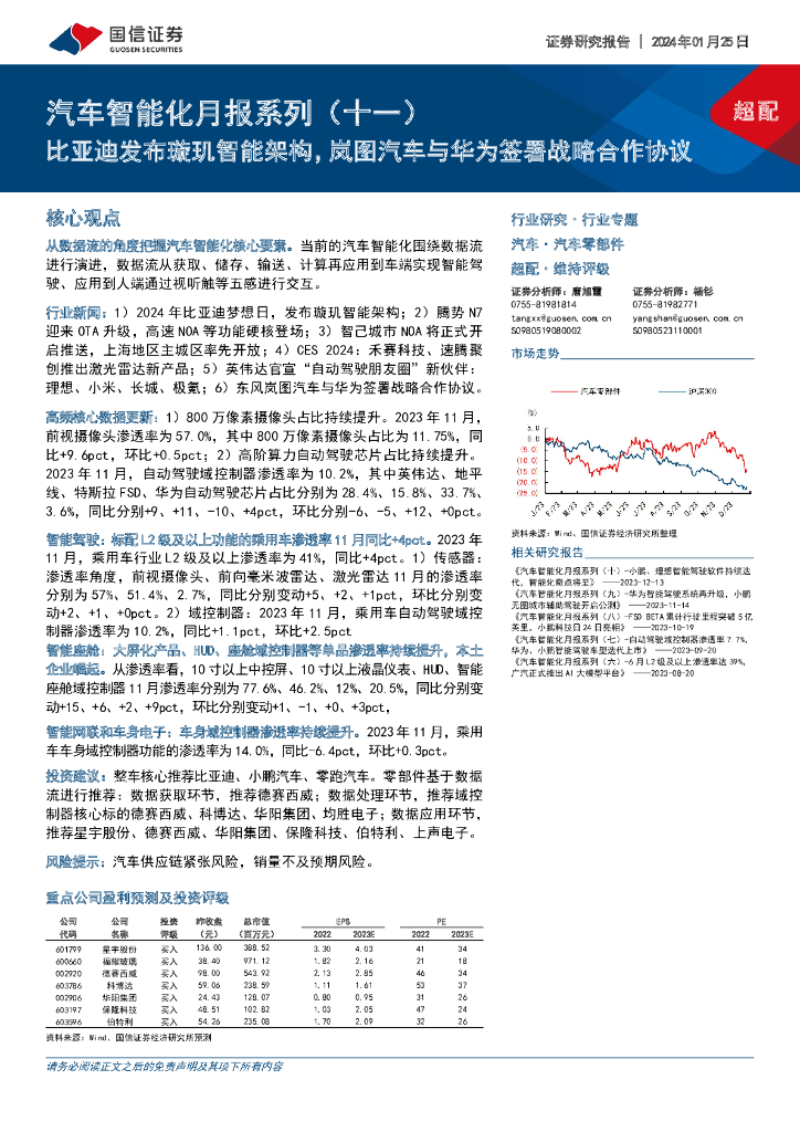 国信证券：汽车智能化月报系列（十一）：比亚迪发布璇玑智能架构，岚图汽车与华为签署战略合作协议
