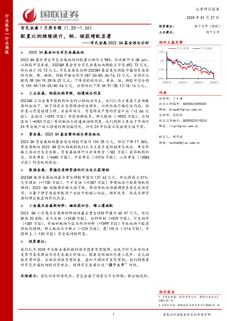 国联证券：有色金属1月周专题：有色金属2023 Q4基金持仓分析，配置比例继续提升，铜、锂获增配显著