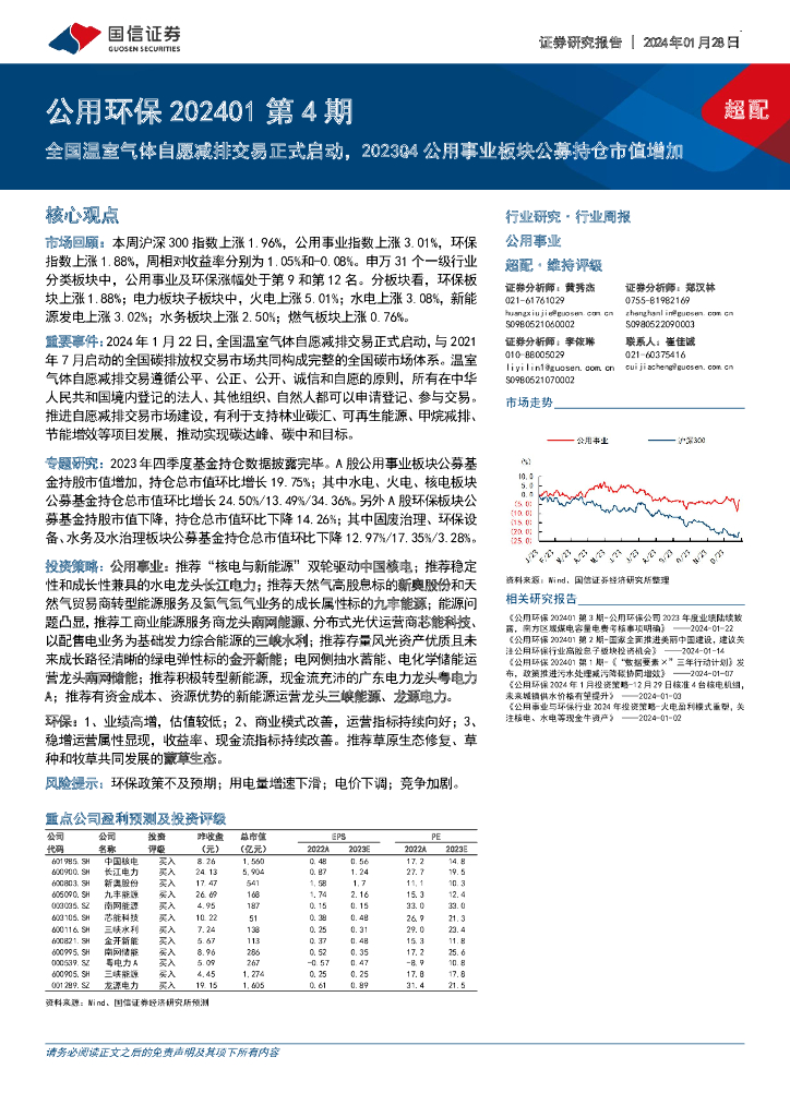 国信证券:公用<em>环保</em>202401第4期:全国温室气体自愿减排交易正式启动,2023Q4公用事业板块公募持仓市值增加 海报