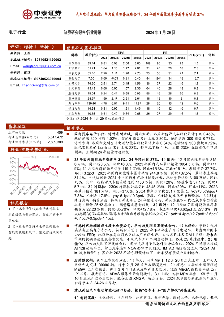 中泰证券：汽车电子行业周跟踪：华为岚图签署战略合作，24年国内新能源车渗透率有望达37%