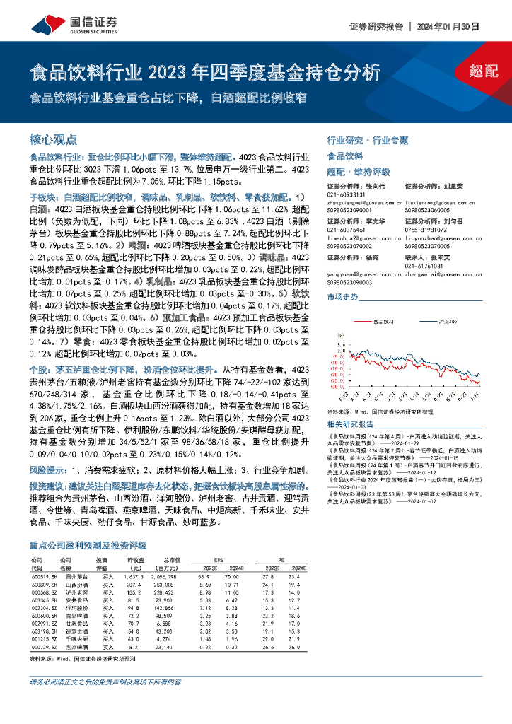 国信证券：食品饮料行业2023年四季度基金持仓分析：食品饮料行业基金重仓占比下降，白酒超配比例收窄