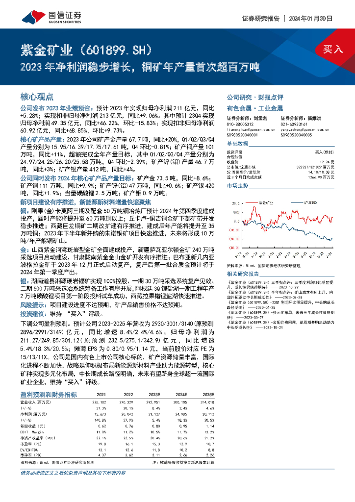 国信证券：紫金矿业（601899）-2023年净利润稳步增长，铜矿年产量首次超百万吨