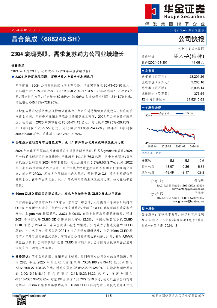 华金证券：晶合集成（688249）-23Q4表现亮眼，需求复苏助力公司业绩增长