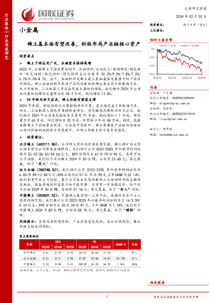 国联证券：小金属行业深度研究：稀土基本面有望改善，积极布局产业链核心资产