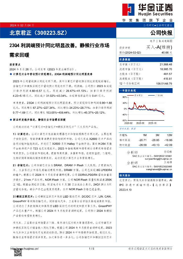 华金证券：北京君正（300223）-23Q4利润端预计同比明显改善，静候行业市场需求回暖