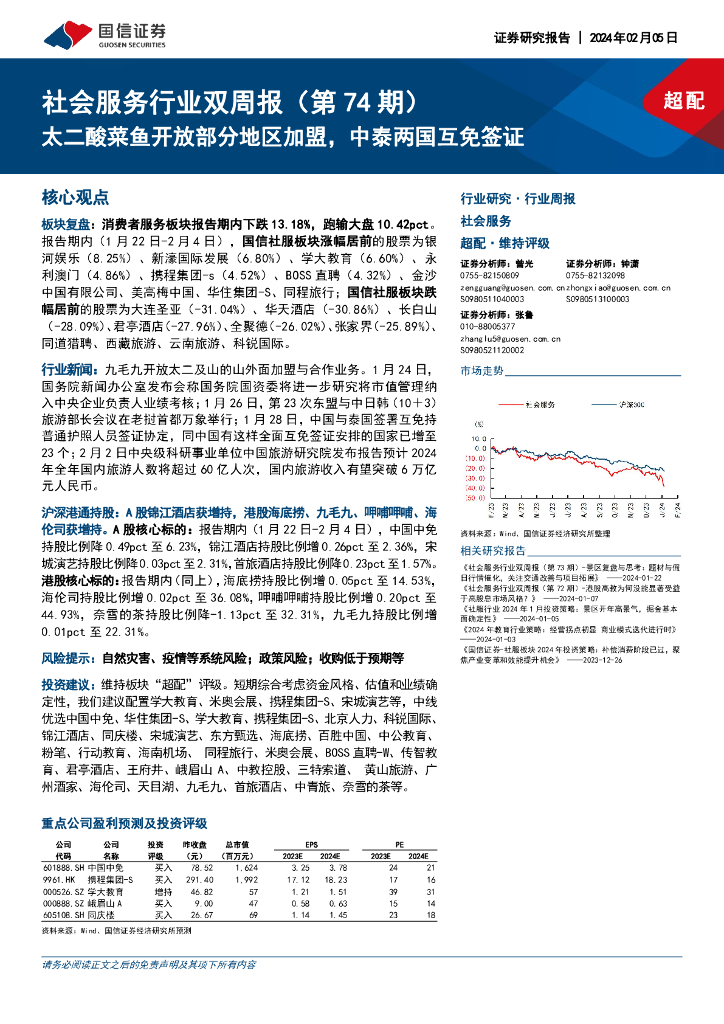 国信证券：社会服务行业双周报(第74期)：太二酸菜鱼开放部分地区加盟，中泰两国互免签证