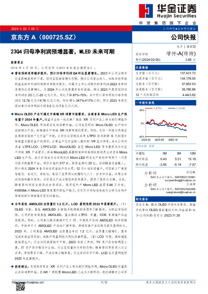 华金证券：京东方A（000725）-23Q4归母净利润预增显著，MLED未来可期