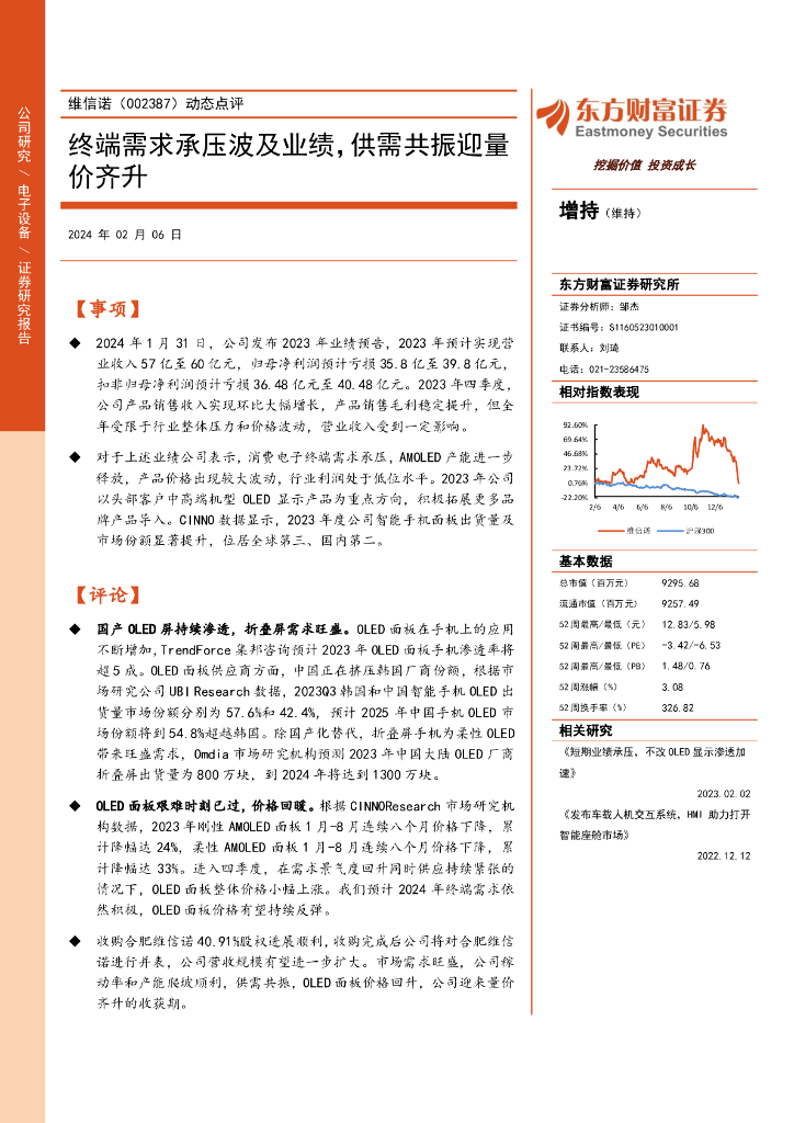 东方财富证券：维信诺（002387）-动态点评：终端需求承压波及业绩，供需共振迎量价齐升