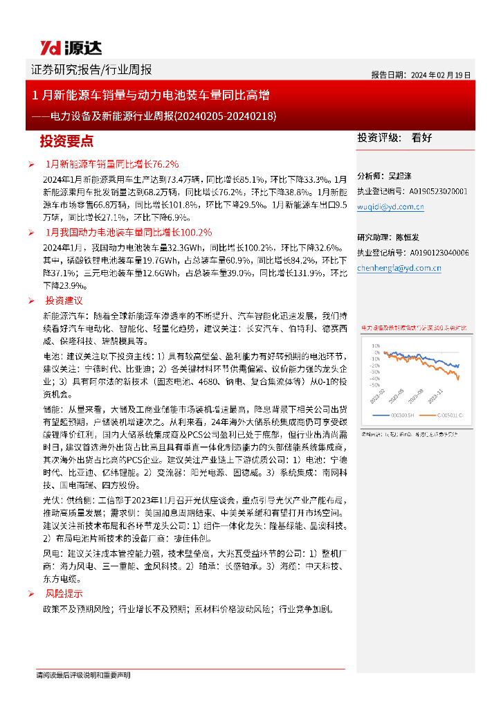 源达信息：电力设备及新能源行业周报：1月新能源车销量与动力电池装车量同比高增