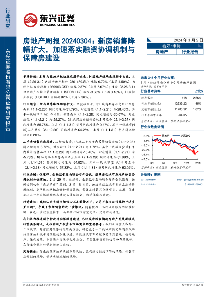 东兴证券：房地产周报：新房销售降幅扩大，加速落实融资协调机制与保障房建设