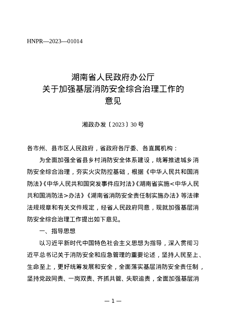 湖南省人民政府办公厅：加强基层消防安全综合治理工作的意见