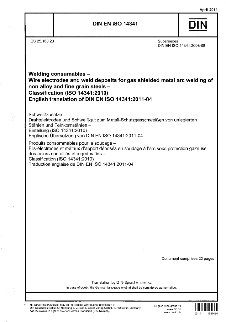 ISO 14341-2011 焊接消耗品.非合金钢和细粒钢的金属气体保护焊用焊丝和焊接沉积物.分类（英文版）