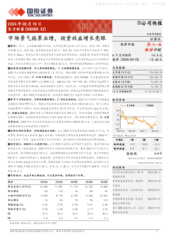 国投证券：东方财富（300059）-市场景气拖累业绩，投资收益增长亮眼