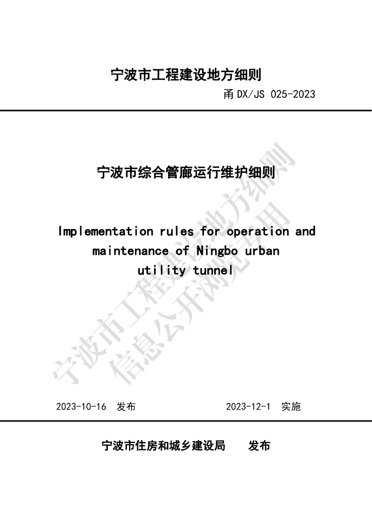 甬DX/JS 025-2023 宁波市综合管廊运行维护细则