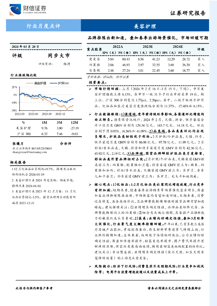 财信证券：美容护理行业月度点评：品牌推陈出新加速，叠加春季出游场景催化，市场回暖可期