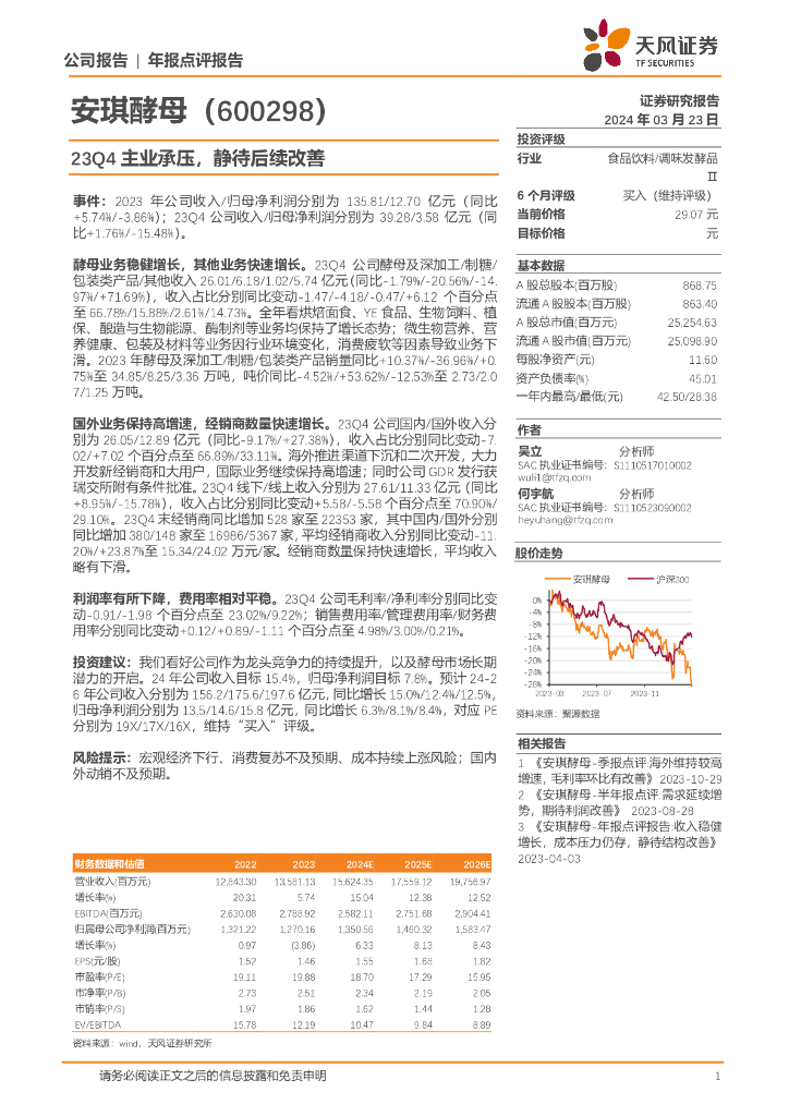 天风证券：安琪酵母（600298）-23Q4主业承压，静待后续改善