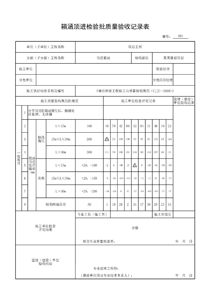 安徽城市桥梁工程顶进箱涵验收记录表格21P_第6页