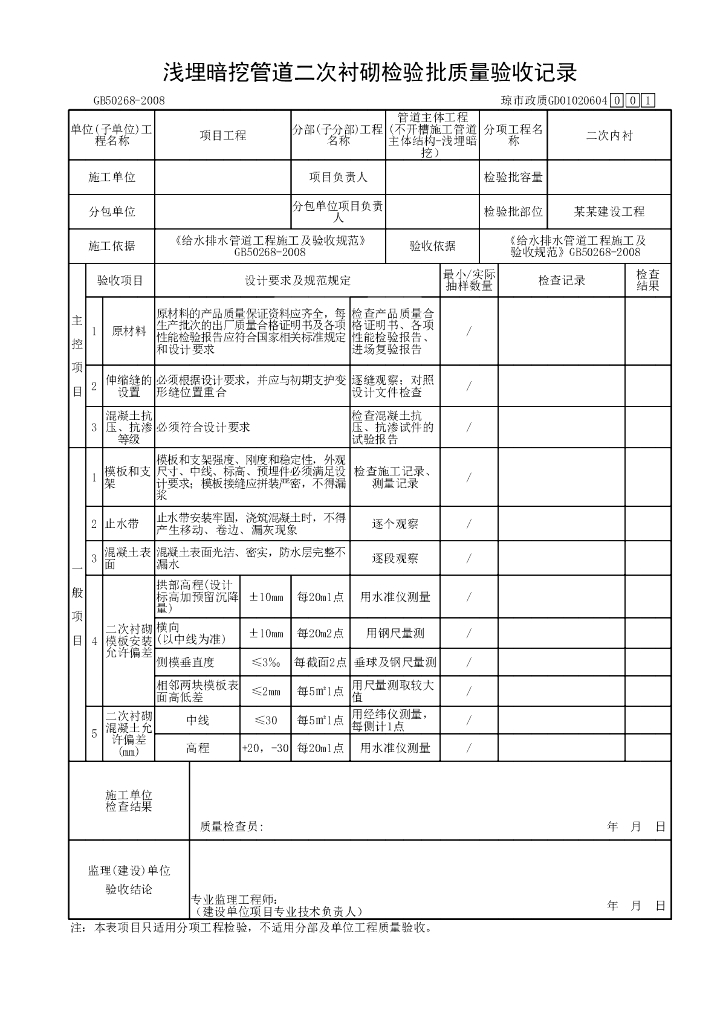 海南市政给排水工程浅埋暗挖资料表格15P_第9页
