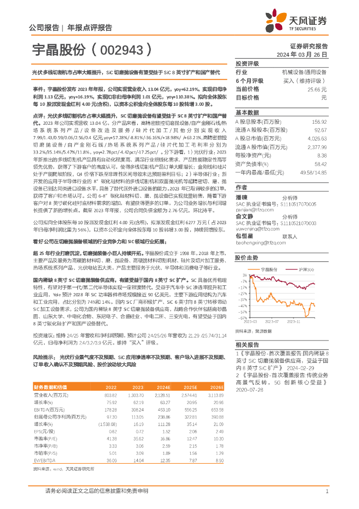 天风证券：宇晶股份（002943）-光伏多线切割<em>机</em>市占率大幅提升，SiC切磨抛设备有望受益于SiC8英寸扩产和国产替代