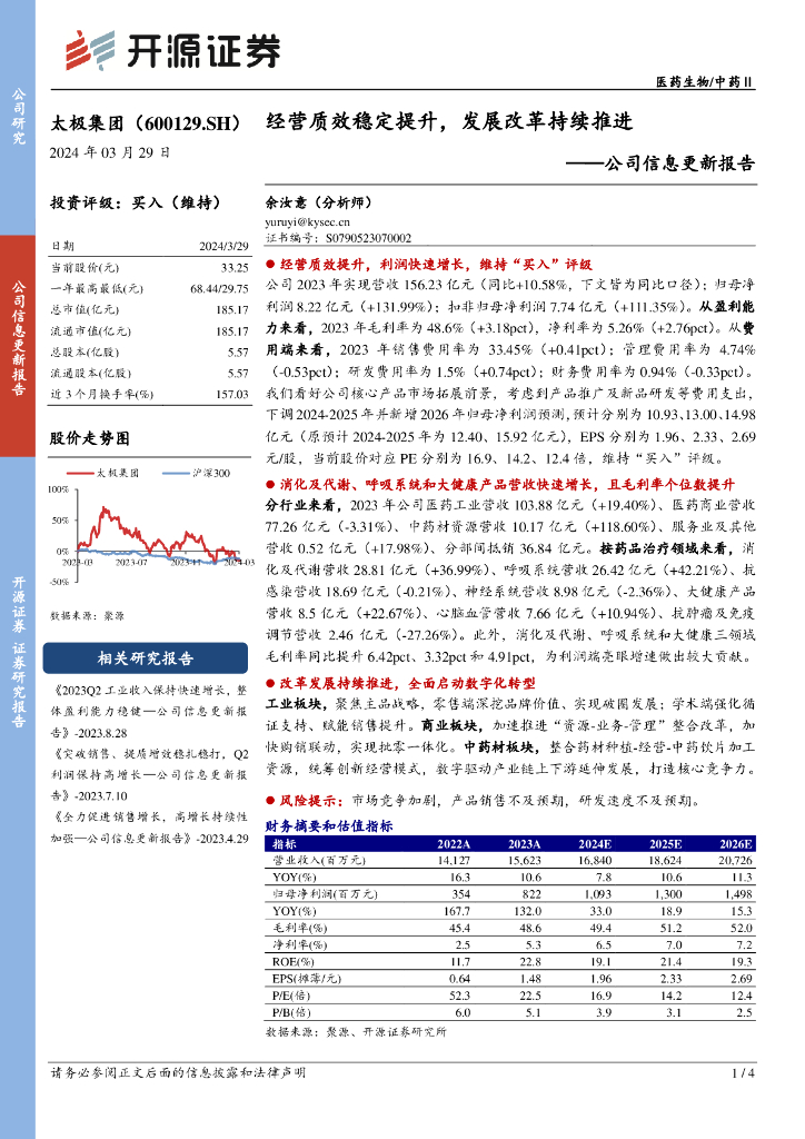 开源证券：太极集团（600129）-公司信息更新报告：经营质效稳定提升，发展改革持续推进 海报