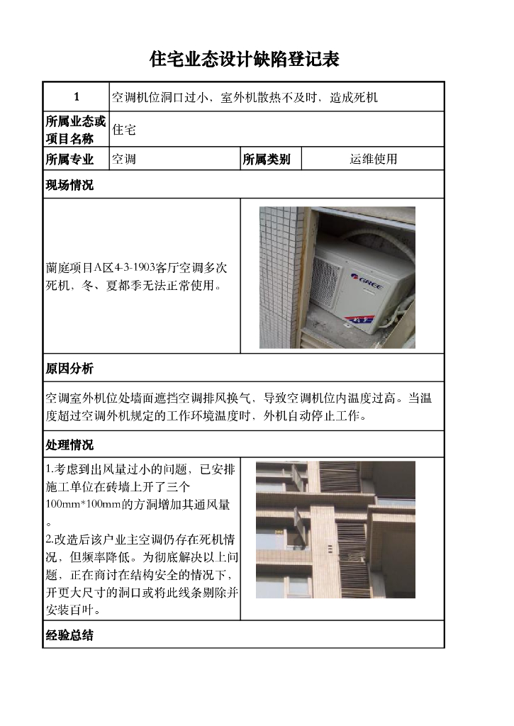 住宅业态设计缺陷登记表