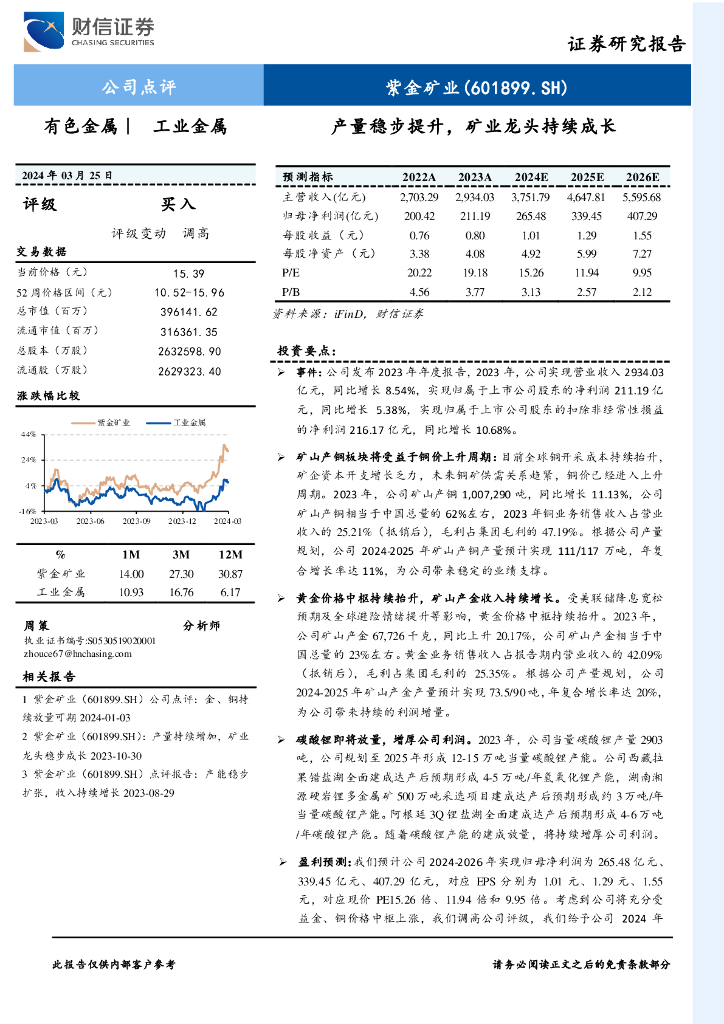 财信证券：紫金矿业（601899）-产量稳步提升，矿业龙头持续成长