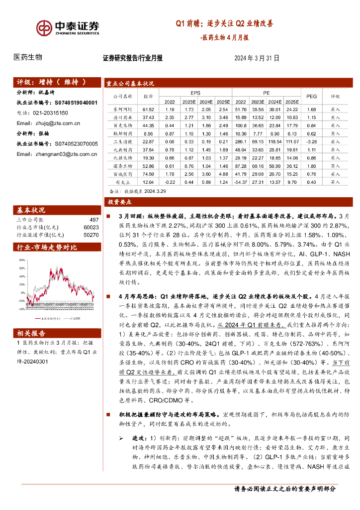 中泰证券：医药生物4月月报：Q1前瞻；逐步关注Q2业绩改善