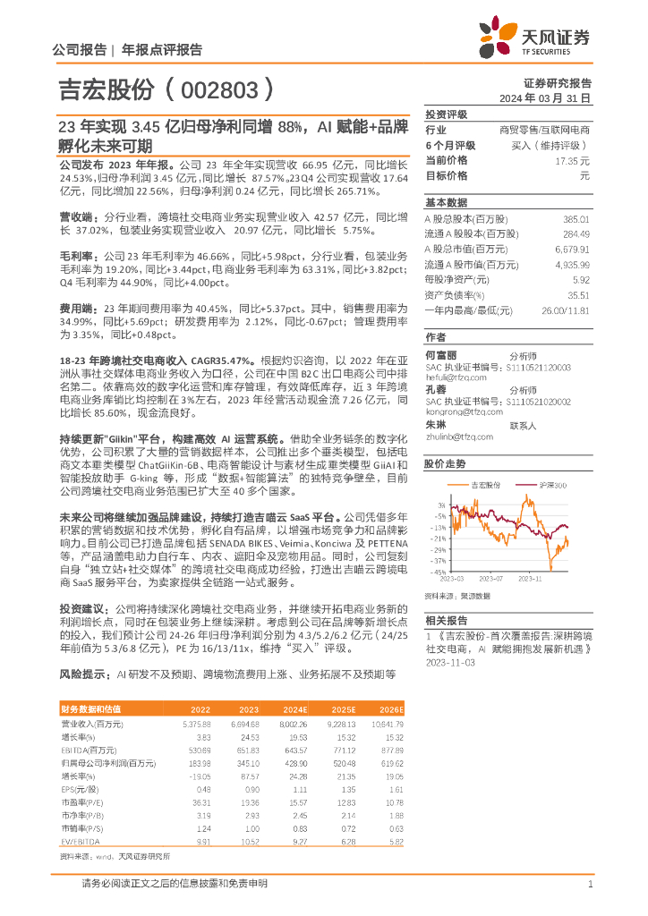 天风证券：吉宏股份（002803）-23年实现3.45亿归母净利同增88%，AI赋能+品牌孵化未来可期