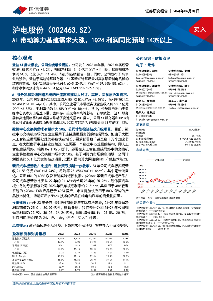 国信证券：沪电股份（002463）-AI带动算力基建需求大涨，1Q24利润同比预增143%以上