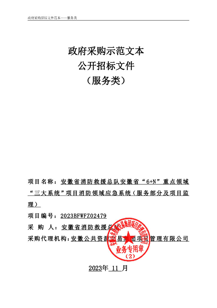 安徽省消防救援总队安徽省“6+N”重点领域“三大系统”项目消防领域应急系统（服务部分及项目监理）招标文件