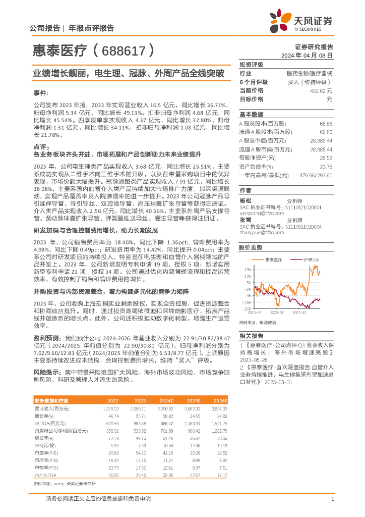 天风证券：惠泰医疗（688617）-业绩增长靓丽，电生理、冠脉、外周产品全线突破 海报