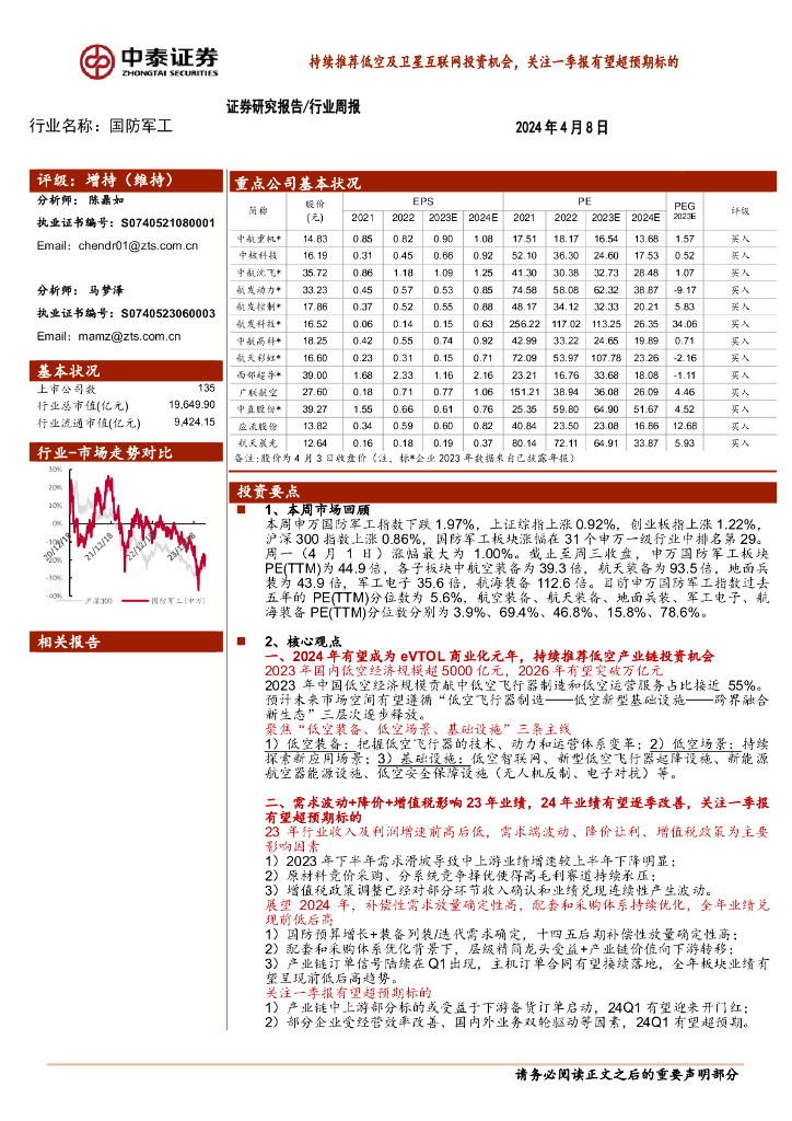 中泰证券：国防<em>军工</em>行业周报：持续推荐低空及卫星互联网投资机会，关注一季报有望超预期标的