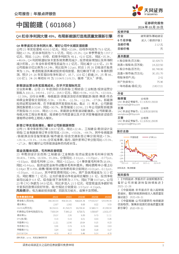 天风证券：中国能建（601868）-Q4扣非净利润大增49%，布局新<em>能源</em>打造高质量发展新引擎 海报