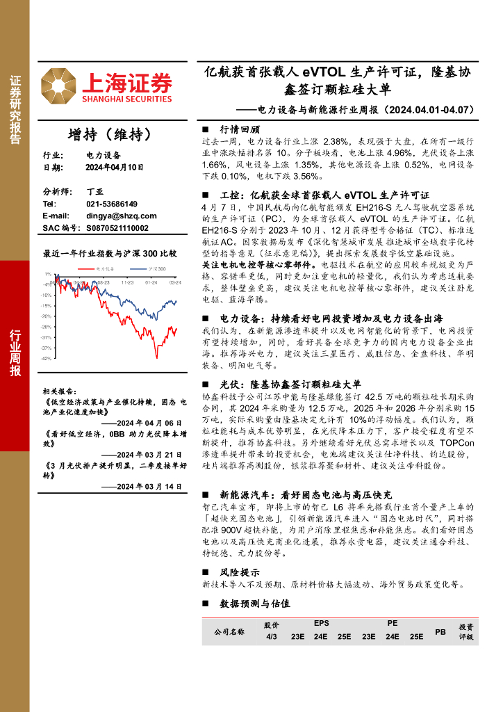 上海证券：电力设备与新能源行业周报：亿航获首张载人eVTOL生产许可证，隆基协鑫签订颗粒硅大单 海报