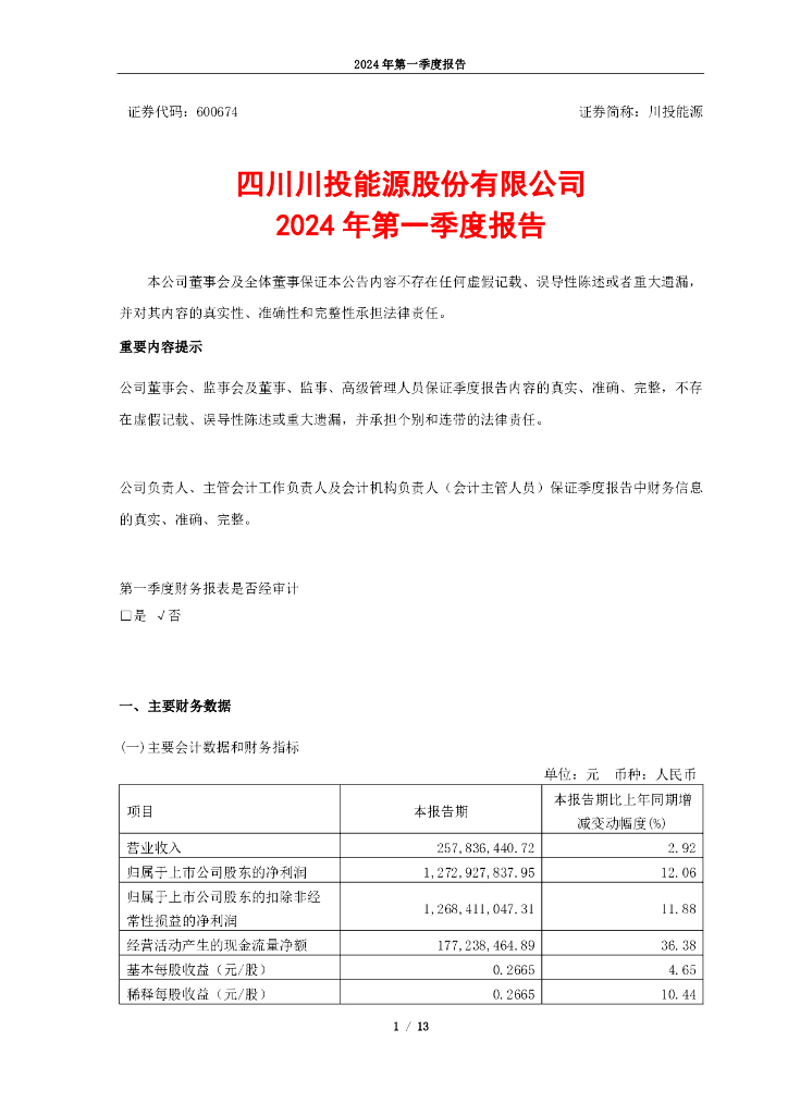 600674-川投<em>能源</em>：四川川投<em>能源</em>股份有限公司2024年一季度报告 海报