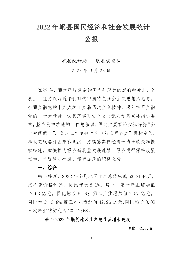 2022年岷县国民经济和社会发展统计公报