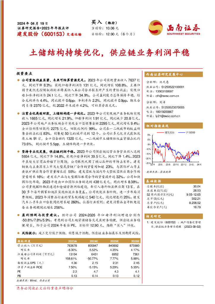 西南证券：建发股份（600153）-2023年年报点评：土储结构持续优化，<em>供应链</em>业务利润平稳 海报